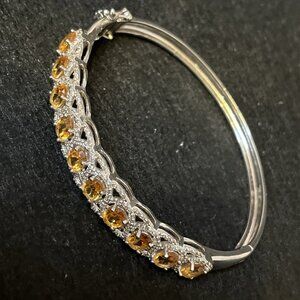 Vintage Estate Sterling Silver Halo Citrine Hinged Bangle Bracelet 10mm 21.5g